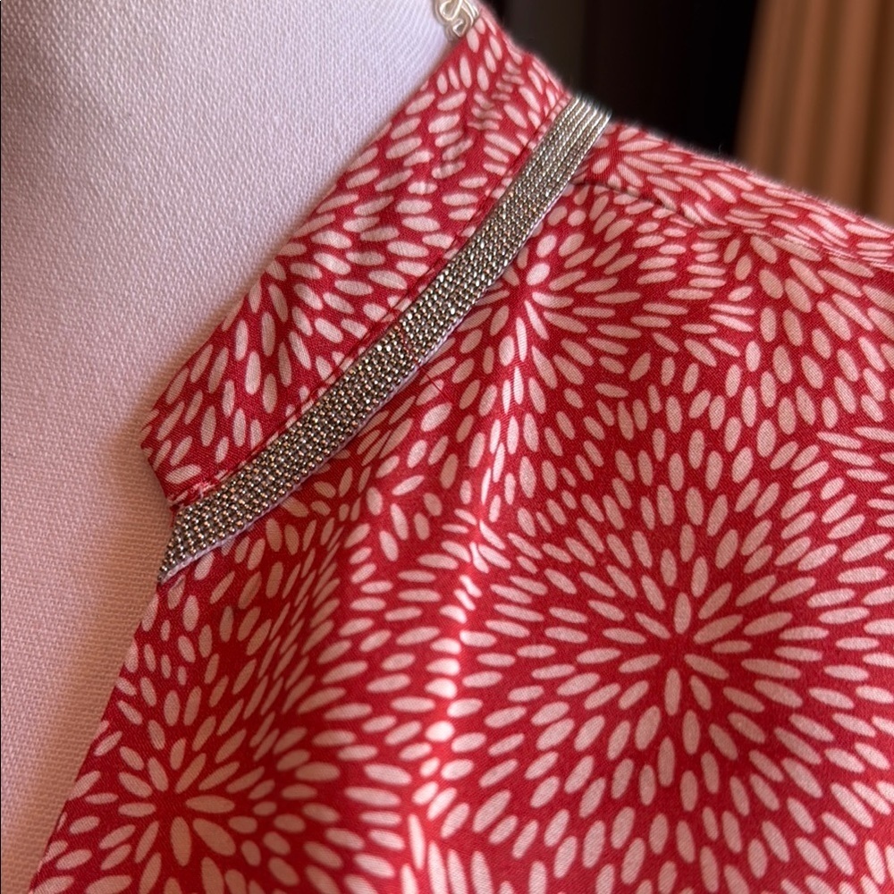 Red Long Sleeve Relaxed Blouse with Beaded Mandarin Collar - Picture 3 of 13